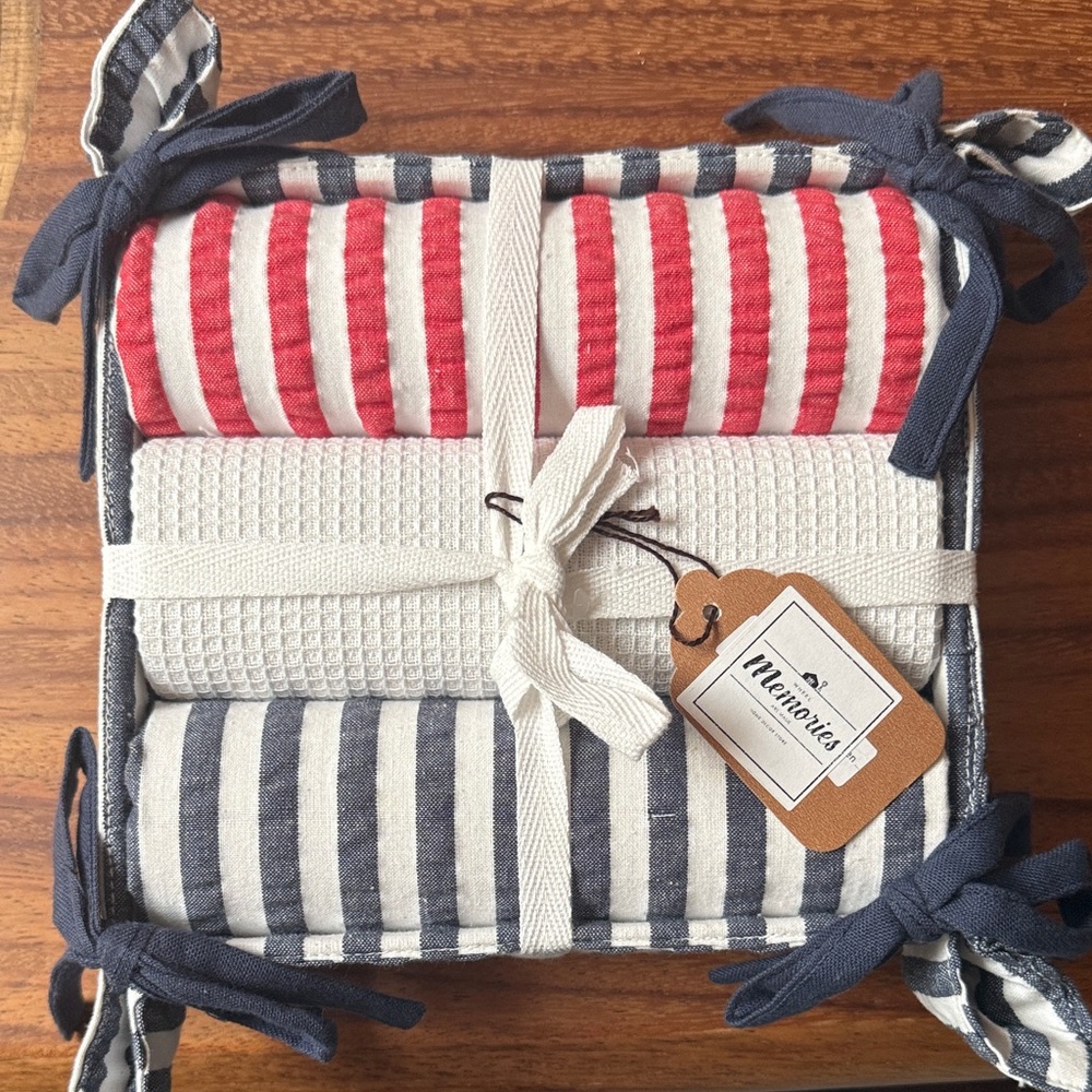 Striped Cotton Towel Set - Red & Navy